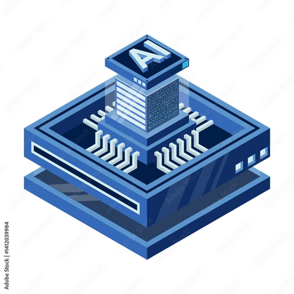 Fototapete Isometric artificial intelligence chip concept. Artificial intelligence concept. Futuristic microchip processor. Isometric technology