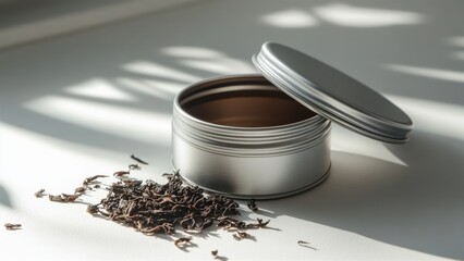 Opened Metallic Tea Tin with Loose Black Tea Leaves