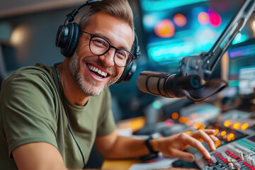 man, podcast, excitement, celebration, headphones, microphone, joy, engagement, cheerful, energetic, media, casual, technology, fun, creativity, relaxed, dynamic, friendly, atmosphere, youthful, inter
