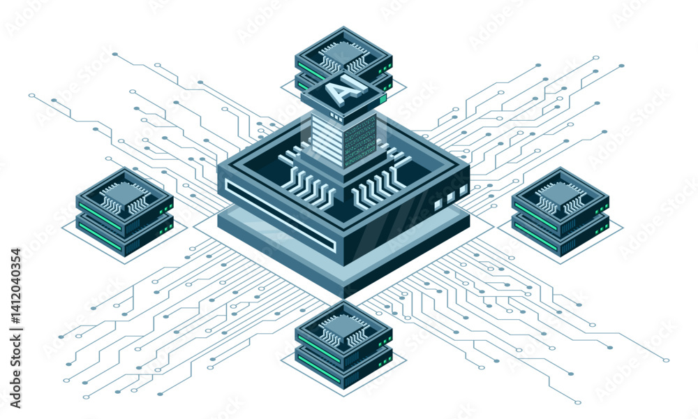 Poster isometric artificial intelligence chip concept. artificial intelligence concept. futuristic microchi