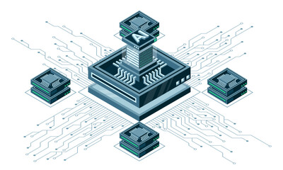 Isometric artificial intelligence chip concept. Artificial intelligence concept. Futuristic microchip processor. Isometric technology