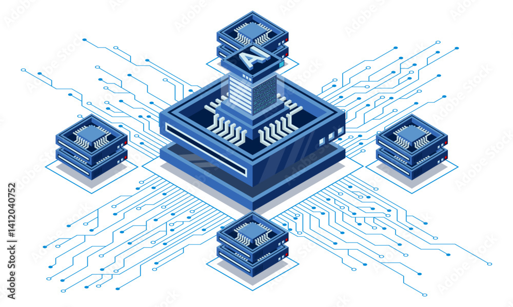 Fototapete Isometric artificial intelligence chip concept. Artificial intelligence concept. Futuristic microchip processor. Isometric technology