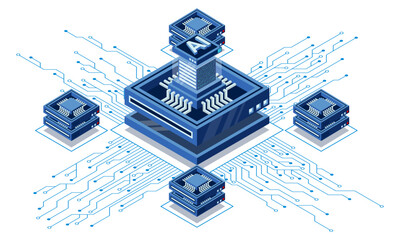 Isometric artificial intelligence chip concept. Artificial intelligence concept. Futuristic microchip processor. Isometric technology