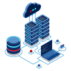 Cloud technology computing concept. Modern cloud technology. Data center isometric concept. Isometric cloud technology with datacenter. Web hosting concept. Isometric technology