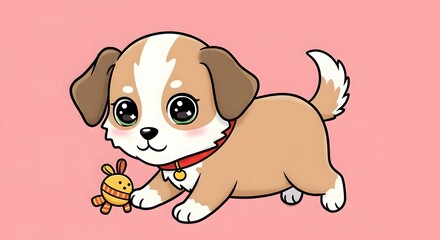 Obraz premium Cute Cartoon Puppy Playing with a Toy on Pink Background