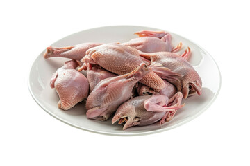 Freshly prepared quail ready for cooking on a clean white plate showcasing their delicate form isolated on transparent background