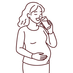 Pregnant woman drinking juice, holding belly with one hand, staying hydrated and focused on healthy nutrition during pregnancy. Line without colour