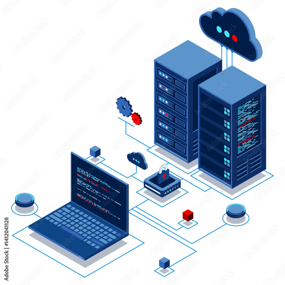 Poster cyber data security. internet security isometric concept. server room connected with laptop through 