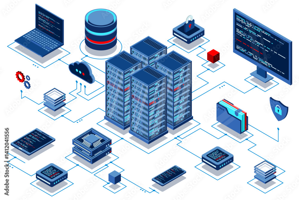 Fototapete computation of big data center. cloud computing. online devices upload and download information. iso