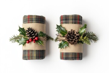 Two elegantly wrapped Christmas gifts adorned with pine cones, holly, and berries.