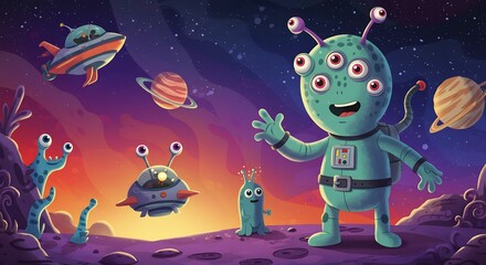 Fototapeta premium Friendly Alien Cartoon Character Waving on Exoplanet with Spaceships and Planets