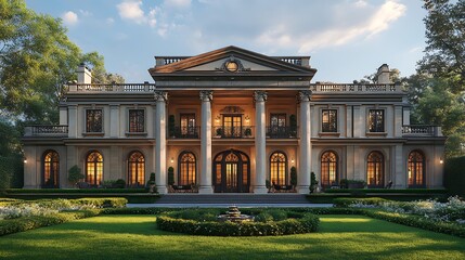 Obraz premium Neoclassical Mansion Photo With Lush Green Lawn And Elegant Architectural Details