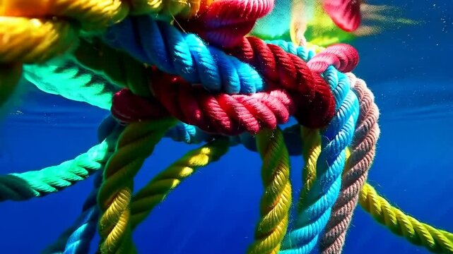Vibrant, multi-colored ropes intertwined beneath the surface, a captivating display of texture and pattern against the blue water. Capturing depth, abstraction, and playful composition.