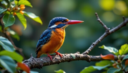 Fototapeta premium Vibrant kingfisher perched on a branch amidst lush greenery, showcasing striking colors in a natural habitat