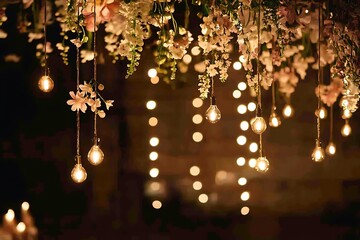 Charming and Rustic Wedding Setting with Glowing String Lights.