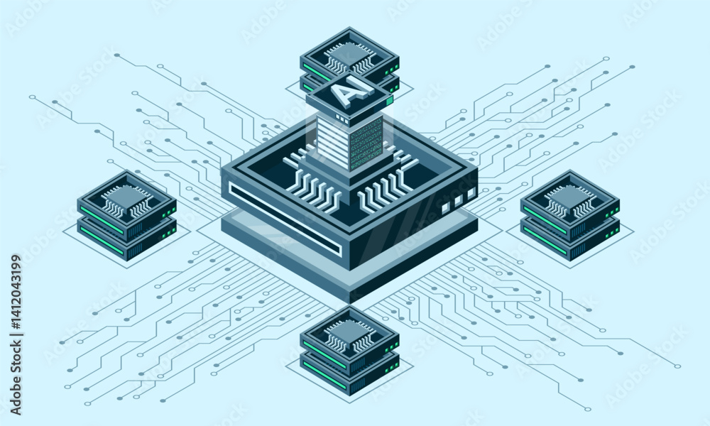 Poster isometric artificial intelligence chip concept. artificial intelligence concept. futuristic microchi