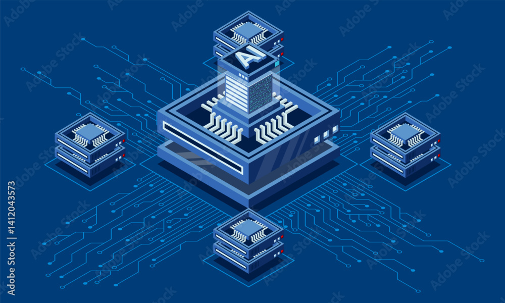 Fototapete Isometric artificial intelligence chip concept. Artificial intelligence concept. Futuristic microchip processor. Isometric technology