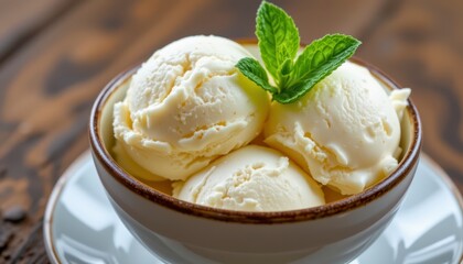 Delicious creamy vanilla ice cream scoops in a bowl topped with fresh mint leaves on a rustic wooden table