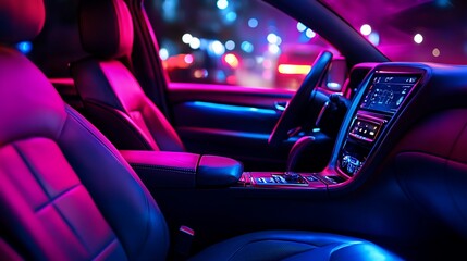 Luxurious car interior at night, illuminated with vibrant pink and blue neon lights.
