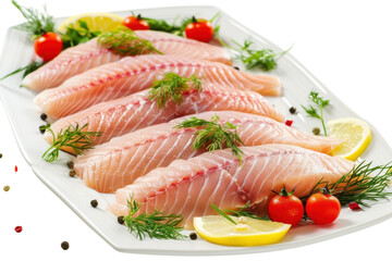 Freshly prepared fillets garnished with herbs and ripe tomatoes on a vibrant white platter isolated on transparent background