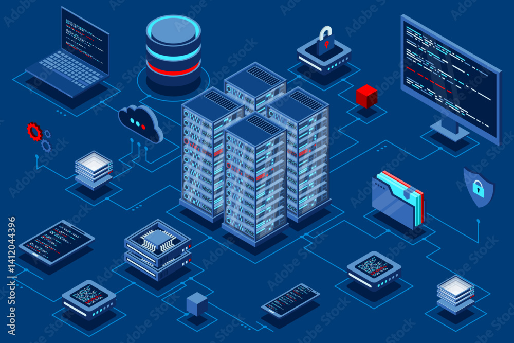 Poster computation of big data center. cloud computing. online devices upload and download information. iso