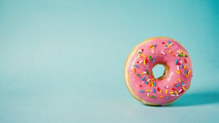 Vibrant, sprinkled pink glazed doughnut on a light blue background.