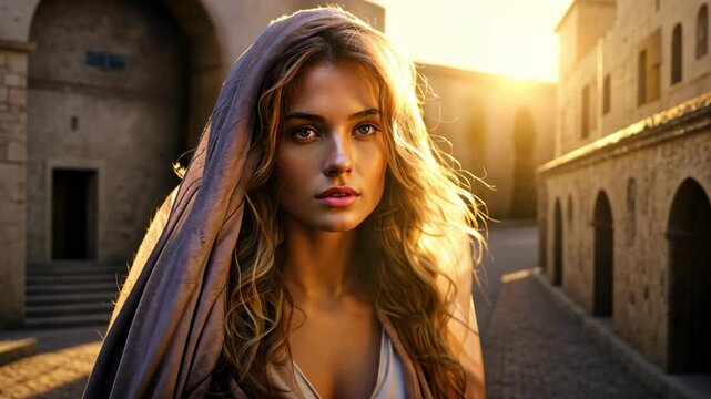 Young woman of an old culture with a hood on her head in an ancient city 4K
