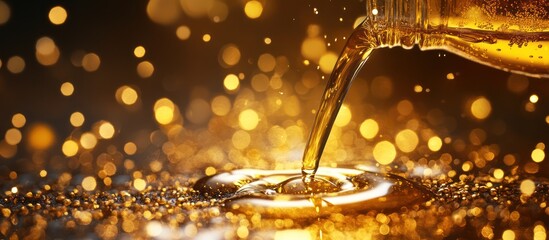 Golden liquid pours, bokeh background
