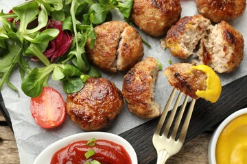 Tasty patties, tomato, spinach, mustard and ketchup on wooden table, flat lay