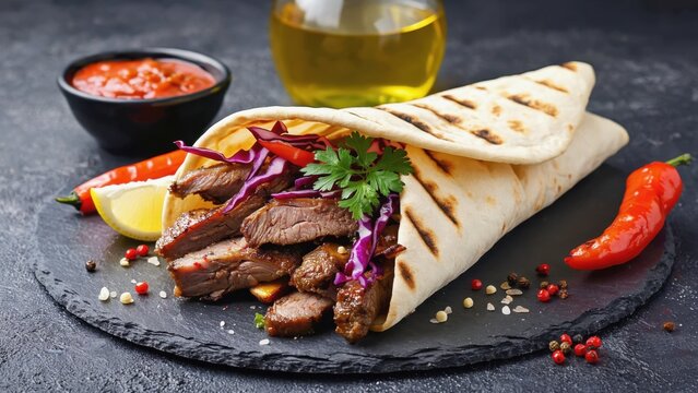 Beef tacos with vegetable garnish, cumin flavored wrap, and spicy condiments for a flavorful fusion of Mexican and Middle Eastern cuisine.
