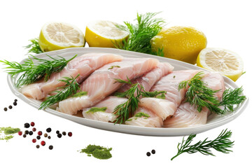 Freshly prepared fish fillets garnished with herbs and lemon on a white platter isolated on transparent background