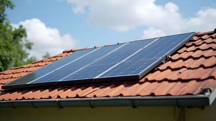 House with Solar Panels: Sustainable Home Energy. Rooftop photovoltaic system generating clean electricity, promoting green living and energy independence. Eco-friendly housing.