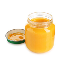Baby food. Tasty puree in glass jar isolated on white