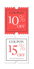 Set of Two Elegant Discount Coupons with 10 and 15 Off Offers. Red and White Modern Vertical Ticket Design with Bold Typography. Ideal for Promotions, Sales, and Printable Marketing Materials