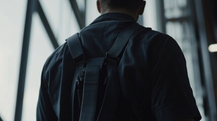 Technician adjusting safety harness on a construction crane operator. Featuring workplace safety and professionalism