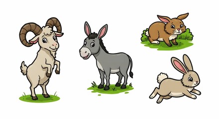 Cartoon Farm Animals Group Illustration with Ram, Donkey, and Rabbits