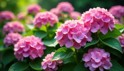Fototapeta premium lush hydrangea garden with vibrant pink blooms and green foliage, floral , nature