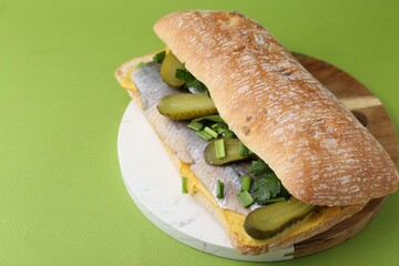 Tasty sandwich with herring, pickles, green onions and parsley on color background, closeup. Space...