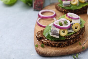 Tasty sandwiches with herring, onions and olives on light grey table, closeup. Space for text