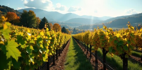 Lush vineyards with changing leaves in the distance, vineyard, fall colors