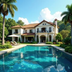Fototapeta premium Luxurious estate with sprawling garden and crystal-clear waters , garden, cypress trees