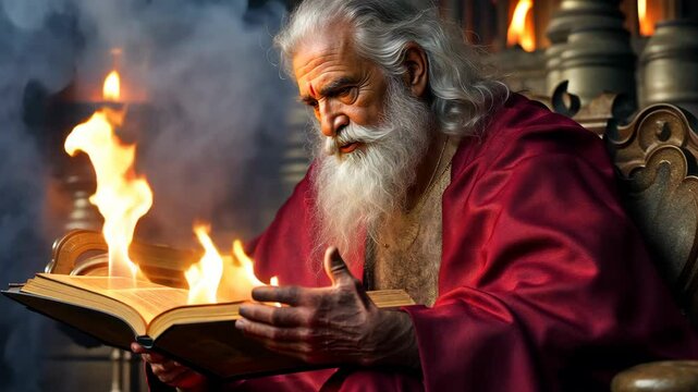 A prophet of God reading the Holy Scriptures in a dark room with fire effects 4K