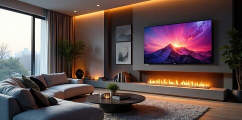 Luxurious living room with smart TV and fireplace, smart home systems, comfortable seating