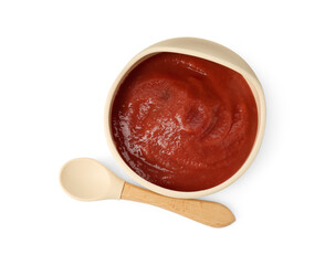 Baby food. Tasty puree in bowl and spoon isolated on white, top view