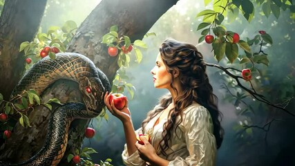 Woman in paradise with the forbidden fruit in her hand to be tempted by Satan in the form of a serpent 4K
