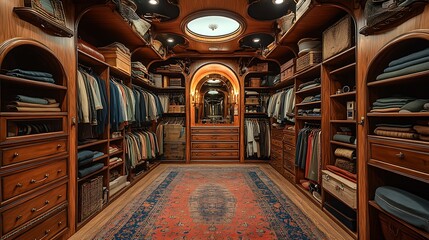 Obraz premium Opulent Walk In Closet Design With Wooden Shelves And Elegant Details Photo