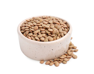 Brown lentils in bowl isolated on white