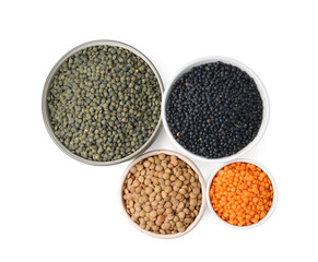Different types of lentils isolated on white, top view