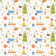 Gardening tools seamless pattern. Farm or planting equipment. Flat cartoon vector illustration. Agriculture graphic for wallpaper, package.