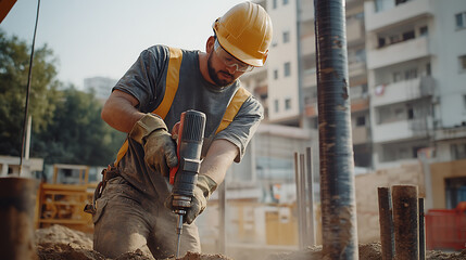 Construction worker drilling foundation holes for a new building. Strength and precision